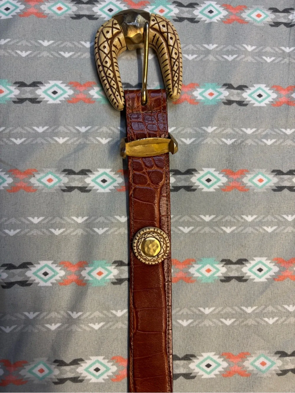 🌀Vintage 80s Crocodile Brown Leather Belt - Picture 3 of 9